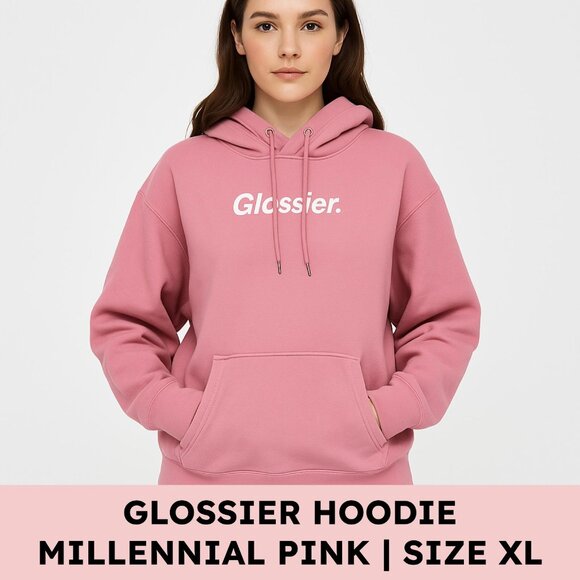 Glossier Tops - Glossier Pink Logo Hoodie Fleece Oversized Cozycore  Streetwear XL Clean Girl